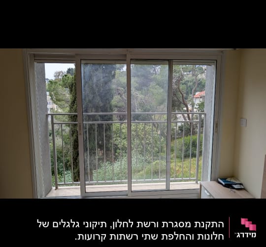 חלון אלומיניום עם נוף לעצים ירוקים